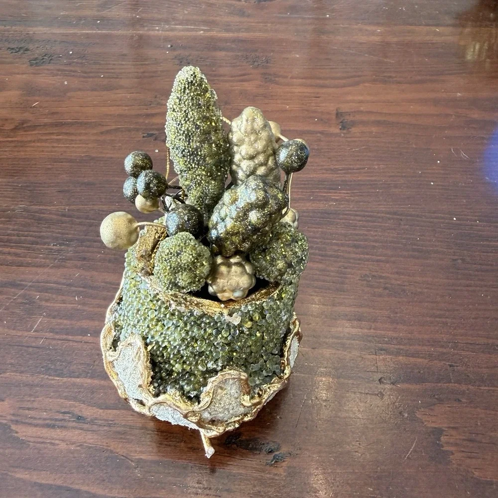Sugared Sparking Green Gold Fruit Basket Grapes Ornament 4.5